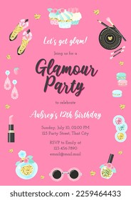 Glamour birthday party invitation template. Beautiful frame of fashion objects drawn in cartoon style. Vector illustration 10 EPS.