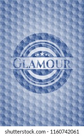Glamour blue emblem with geometric pattern background.