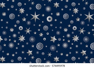 Glamour blue seamless texture background with stars and snowflakes. Vector illustration