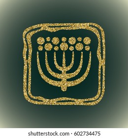 A glamour brilliant gold glitter vector symbol of flower silhouette. Elegant decorative modern floral icon in square frame of gold round sequins. A small scattering of gold circles