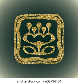 A glamour brilliant gold glitter vector symbol of flower silhouette. Elegant decorative modern floral icon in square frame of gold round sequins. A small scattering of gold circles