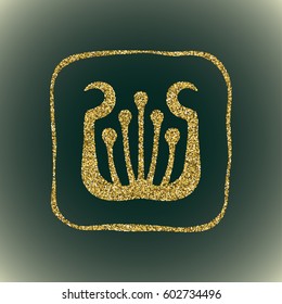 A glamour brilliant gold glitter vector symbol of flower silhouette. Elegant decorative modern floral icon in square frame of gold round sequins. A small scattering of gold circles