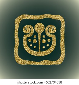 A glamour brilliant gold glitter vector symbol of flower silhouette. Elegant decorative modern floral icon in square frame of gold round sequins. A small scattering of gold circles