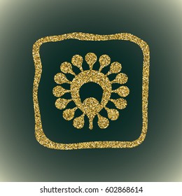 A glamour brilliant gold glitter vector symbol of flower silhouette. Elegant decorative modern floral icon in square frame of gold round sequins. A small scattering of gold circles