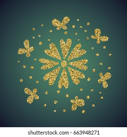 A glamour brilliant jewelry gold glitter in form of a hand drawn love heart flower and butterfly symbol. Elegant decoration of gold round sequins. A small scattering of gold circles in the heart shape