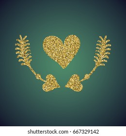 A glamour brilliant jewelry gold glittering hand drawn heart and Cupid arrow symbol. Elegant decoration of love icon. A small scattering gold circles