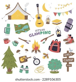 Glamour camping collection isolated. Cute glamping set. Luxury and comfy seclusion alone or with friends in nature bundle. Modern outdoor activity. Girls camp here hand drawn flat vector illustration