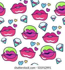 glamour comic seamless vector pattern with lips blowing chewing 