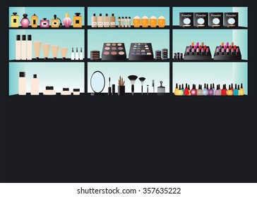 Glamour cosmetics make up on shelf, powder, foundation, perfume,sunblock,lipstick display,healthcare vector illustration.