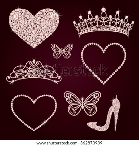 Glamour design elements. Elegant ladies high heels shoe shape, diadems, frames, butterflies made with shiny diamonds. Isolated on maroon background. Vector illustration.