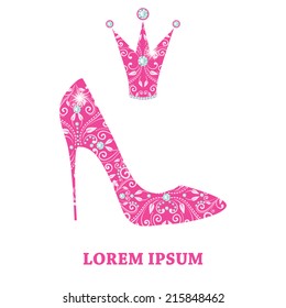 glamour design elements of magenta shoe and crown with abstract floral decor. template for little princess, glamour girl and woman. can use for birthday card, wedding invitations. vector illustration.