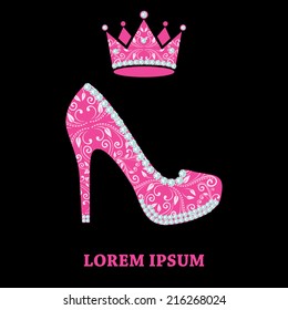 glamour design elements of magenta shoe and crown with abstract floral decor. template for little princess, glamour girl and woman. can use for birthday card, wedding invitations. vector illustration.