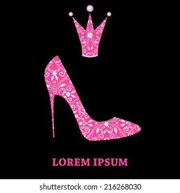 glamour design elements of magenta shoe and crown with abstract floral decor. template for little princess, glamour girl and woman. can use for birthday card, wedding invitations. vector illustration.