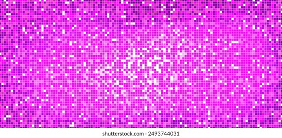 Glamour disco ball pattern. Purple square mosaic backdrop. Night club pink background with mirror foil texture. Vector illustration of violet vintage abstract shining colorful halftone wallpaper.