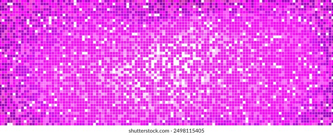 Glamour disco ball pattern. Purple square mosaic backdrop. Night club pink background with mirror foil texture. Vector illustration of violet vintage abstract shining colorful halftone wallpaper.