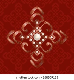 Glamour ethnic seamless pattern background in red and gold colors, golden damask embroidered and encrusted with pearls. vector illustration 