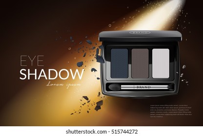 Glamour eyeshadow ads, three colors for eyelid makeup, product with its powder texture in 3d illustration