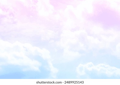Glamour fairytale vector background with white clouds and pink sky. Watercolor style texture backdrop. Fantasy pastel color illustration for flyers, invitation cards. Christmas background.