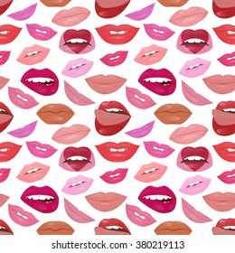 Glamour fashion lips pattern with different lipstick colors. Beautiful shiny female lips collection. Sexy kisses. Romantic smiles. Passion mouths. Lips with teeth and tongue. Vector flat style.