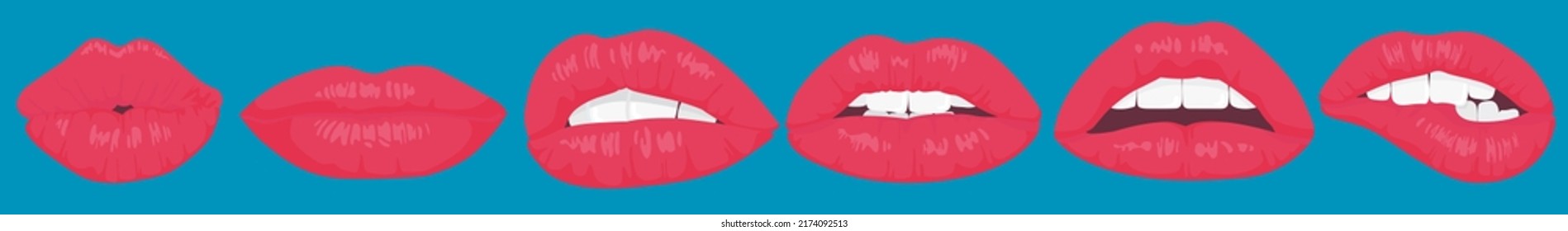 Los labios femeninos de glamour muestran la ilustración vectorial. La boca abierta o cerrada de las chicas con dientes, diferentes expresiones y pintalabios rojos, hermosas mujeres maquilladas aisladas en fondo azul. Moda, concepto de amor