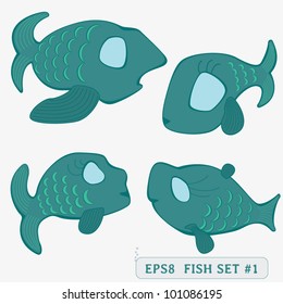 The glamour fish vector set includes four stylized green cartoon fishes. Vector illustration isolated on white.