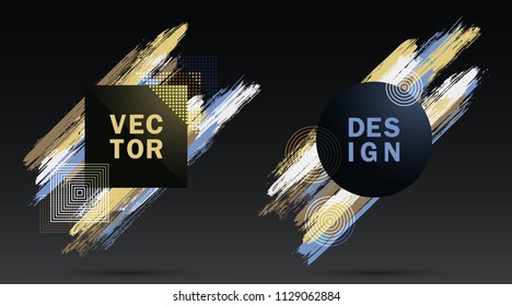 Glamour Frames with Blue Brown Paint Brush Strokes Vector Set. Party poster templates. Borders with painted brushstrokes backgrounds. Templates design for fashionable banners, party flyers, posters.
