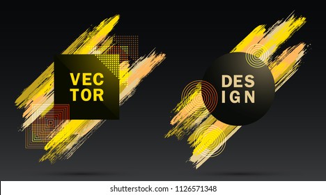 Glamour Frames with Gold Paint Brush Strokes Vector Set. Party poster templates. Borders with painted brushstrokes backgrounds. Templates design for fashionable banners, party flyers, posters.