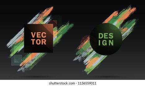 Glamour Frames with Green Brown Paint Brush Strokes Vector Set. Party poster templates. Borders with painted brushstrokes backgrounds. Templates design for fashionable banners, party flyers, posters.