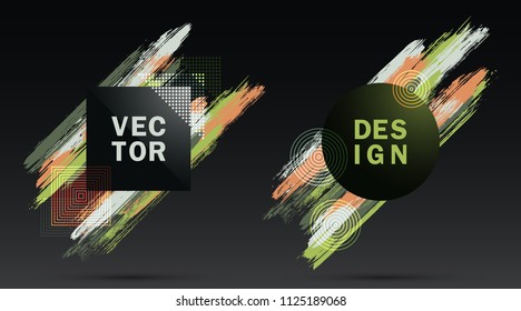 Glamour Frames with Green Grey Paint Brush Strokes Vector Set. Party poster templates. Borders with painted brushstrokes backgrounds. Templates design for fashionable banners, party flyers, posters.