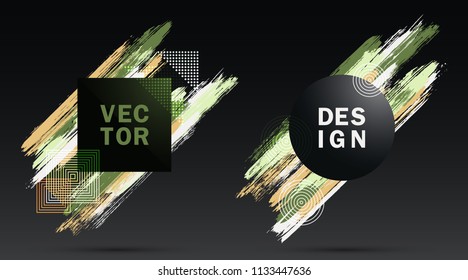 Glamour Frames with Green Paint Brush Strokes Vector Set. Party poster templates. Borders with painted brushstrokes backgrounds. Templates design for fashionable banners, party flyers, posters.