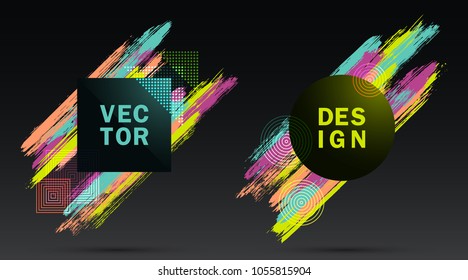 Glamour Frames with Paint Brush Strokes Vector Collection. Borders with cyan purple yellow painted brushstrokes backgrounds. Graphics design templates for fashionable banners, party flyers, posters