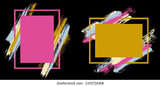 Glamour frames with paint brush strokes vector collection. Box borders with painted brushstrokes on black. Advertising graphics design flat frame templates for banners, flyers, posters, cards.