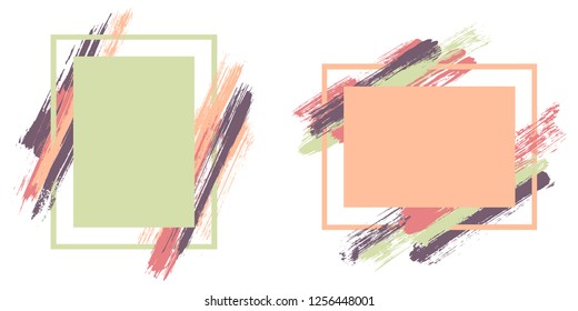 Glamour frames with paint brush strokes vector set. Box borders with painted brushstrokes backgrounds. Advertising graphics design empty frame templates for banners, flyers, posters, cards.