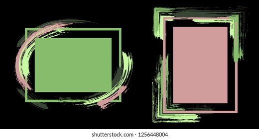 Glamour frames with paint brush strokes vector collection. Box borders with painted brushstrokes on black. Educational graphics design empty frame templates for banners, flyers, posters, cards.