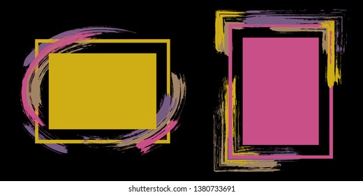 Glamour frames with paint brush strokes vector collection. Box borders with painted brushstrokes on black. Advertising graphics design flat frame templates for banners, flyers, posters, cards.