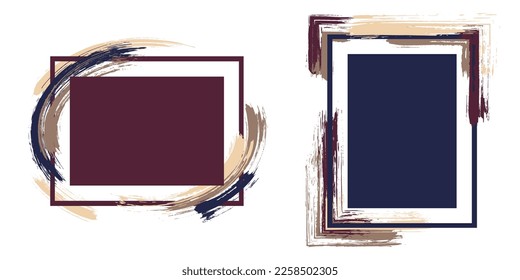Glamour frames with paint brush strokes vector set. Box borders with painted brushstrokes backgrounds. Advertising graphics design empty frame templates for banners, flyers, posters, cards.