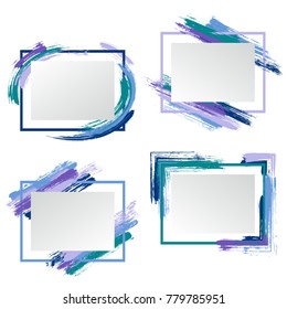 Glamour Frames with Paint Brush Strokes Vector Collection. Borders with painted brushstrokes backgrounds. Graphics design templates for fashionable banners, flyers, posters, cards in green blue violet