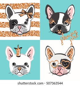 Glamour French Bulldog. Vector set of cute bulldog's portraits with gold glittering accessories. Vector illustration.

