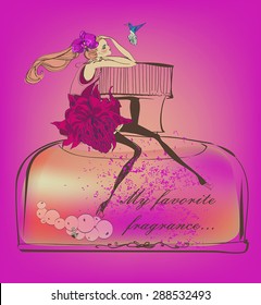glamour girl with a big bottle of perfume