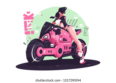 Glamour Girl Biker Riding On Motorbike. Fashion Brunette On Pink Motorcycle Vector Illustration. Young Sexy Woman Sitting On Motor Bicycle Flat Style Concept. Isolated On White