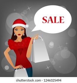 Glamour girl in Christmas hat with packages, concept of Christmas, New year shopping and sales, buying, big sales. SALE in the speech bubble. Vector Illustration.