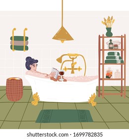 Glamour girl in face and hair mask relaxing in vintage bath on legs with bubbles, glass of red wine and reading fun book with smile. Calm, relax, home spa, read book concept.