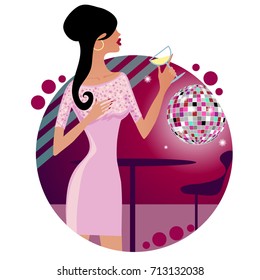 Glamour Girl With Glass Of Wine In Night Club With Disco-ball, Vector Image, Eps10