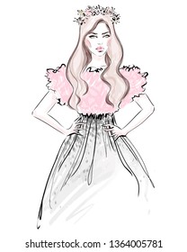 Glamour Girl Model In Beautiful Dress Hand Drawn Fashion Illustration. Young Woman Portrait Sketch.