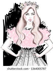 Glamour Girl Model In Beautiful Dress Hand Drawn Fashion Illustration. Young Woman Portrait Sketch.