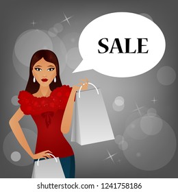 Glamour girl with packages, concept of shopping and sales, buying, big sales. SALE in the speech bubble. Vector Illustration.