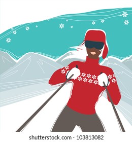 Glamour girl skiing, winter season sports vector illustration.