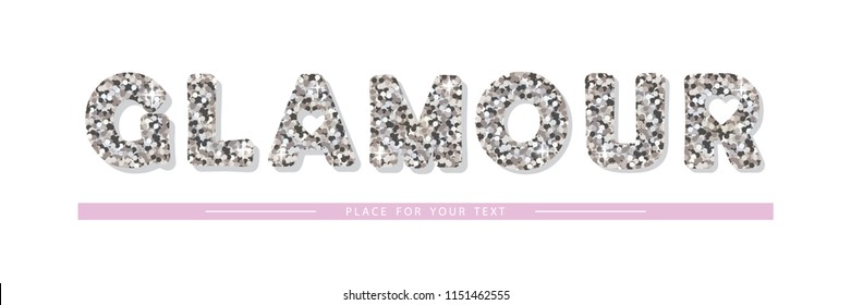 Glamour. Glitter silver inscription isolated on white. Vector