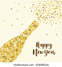 Glamour golden glitter champagne bottle opening as Happy New Year card