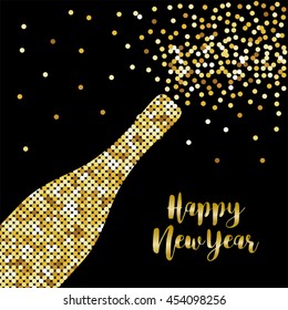 Glamour golden glitter champagne bottle opening as Happy New Year card